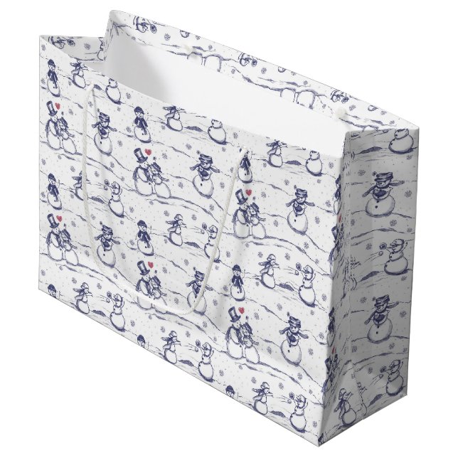 Snowman parade toile - blue large gift bag (Front Angled)