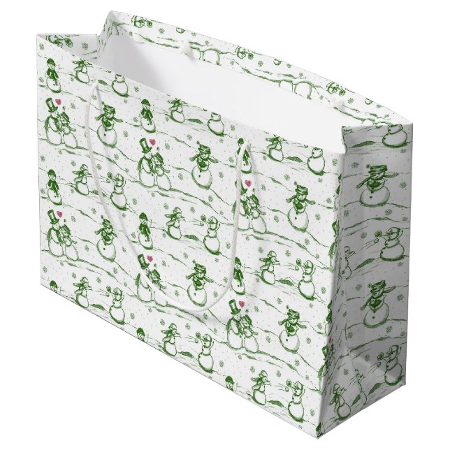 Snowman parade toile - green large gift bag (Back Angled)