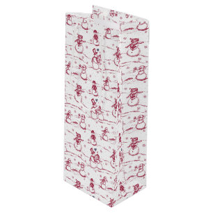 Snowman parade toile - red wine gift bag