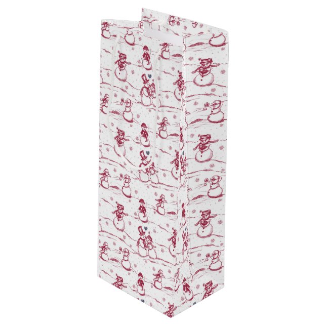 Snowman parade toile - red wine gift bag (Front Angled)