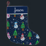 Snowman pattern with Christmas trees custom  Small Christmas Stocking<br><div class="desc">This is cute personalised white Snowmen pattern in blue,  red and pink  with colourful Christmas trees and little snowflakes on dark blue background. It's has a custom name that you can change easily by clicking on personalise template.</div>