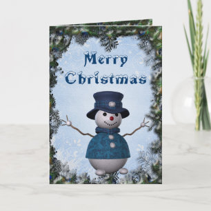 Snowman & Peacock Feather Border Christmas Card