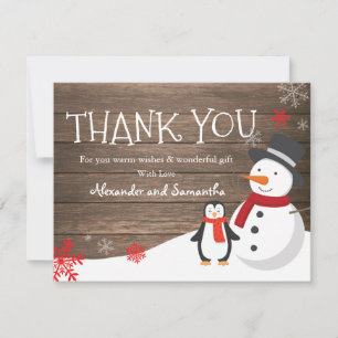 Snowman penguin Winter Rustic Wood Thank you card
