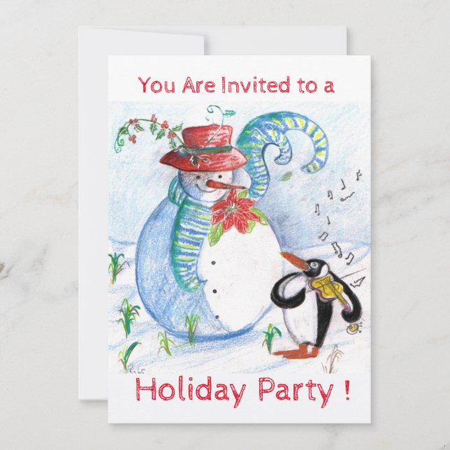 SNOWMAN, PENGUIN'S WINTER SERENADE HOLIDAY PARTY INVITATION (Front)