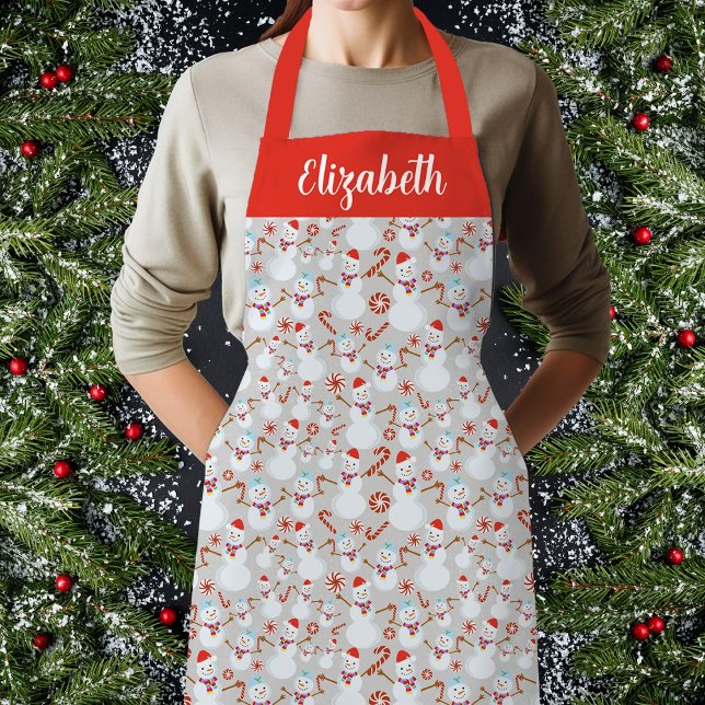 Snowman Peppermint Candy Cane Christmas Design Apron (Snowman Christmas Peppermint Candy Cane Candies Apron, Customize, Personalize.)