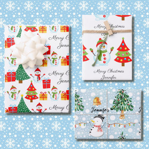 Snowman Personalise Name 3 Christmas Wrapping Paper Sheet