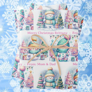 Snowman Personalize Pink Name Girl's Christmas 3 Wrapping Paper Sheet