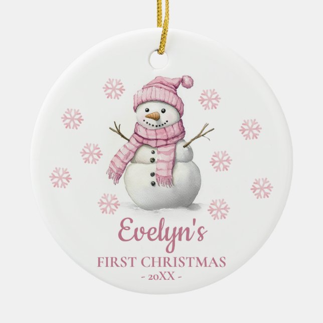 Snowman Personalized Girl's First Christmas Ceramic Tree Decoration (Front)