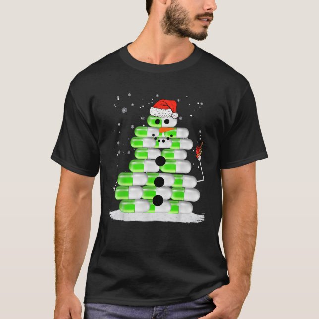 Snowman Pill Stack Santa Hat Christmas Pharmacy Te T-Shirt (Front)