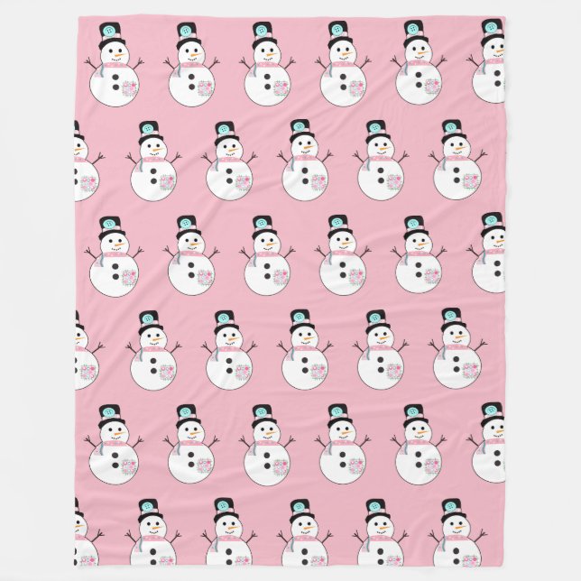 Snowman Pink Christmas Large Fleece Blanket (Front)