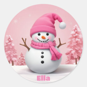 Snowman Pink Cute Personalised Christmas Holiday  Classic Round Sticker