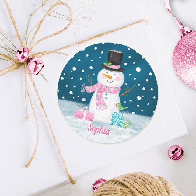 Snowman Pink Cute Personalised Christmas Holiday Classic Round Sticker (Creator Uploaded)