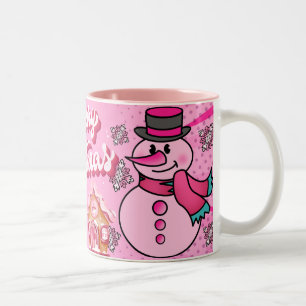 snowman pink, merry chrisnas Two-Tone coffee mug
