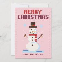 Snowman Pink Pixel Art Christmas Card