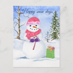 Snowman pink scarf candy-cane Happy snow days  Postcard