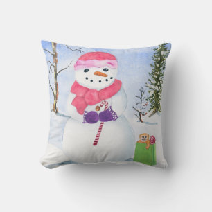 Snowman pink scarf candy-cane winter landscape  cushion