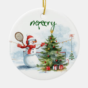 Snowman play tennis Christmas watercolor Ceramic Tree Decoration