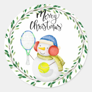 Snowman play tennis Christmas watercolor     Class Classic Round Sticker