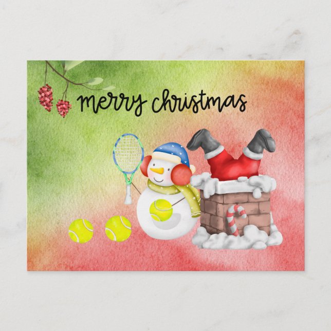 Snowman play tennis Christmas watercolor      Holi Holiday Postcard (Front)