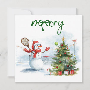 Snowman play tennis Christmas watercolor      Holiday Card