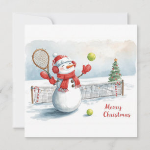 Snowman play tennis Christmas watercolor Holiday Card