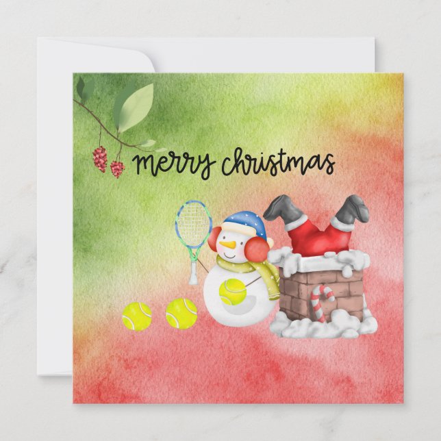 Snowman play tennis Christmas watercolor    Holiday Card (Front)