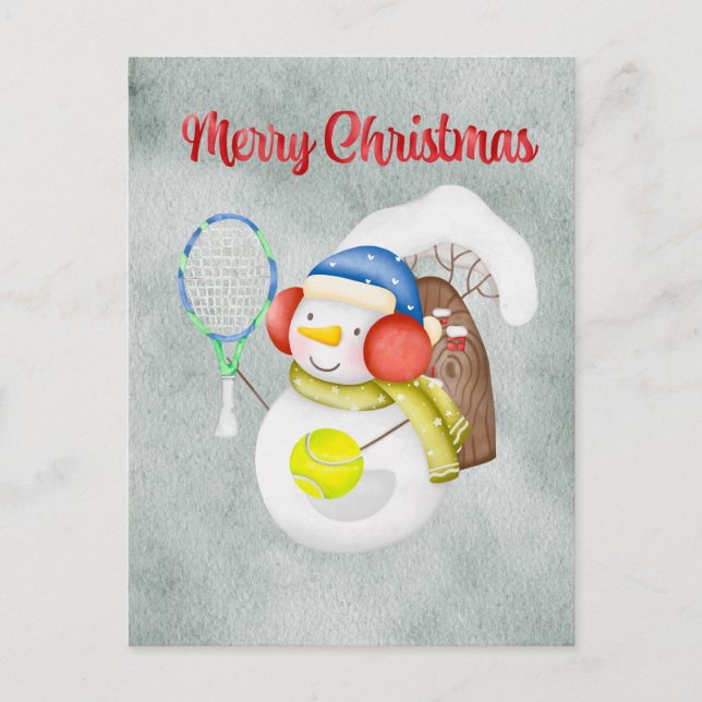 Snowman play tennis Christmas watercolor     Holiday Postcard (Front)