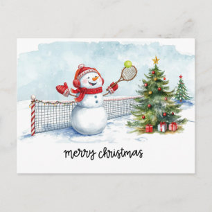 Snowman play tennis Christmas watercolor Holiday Postcard