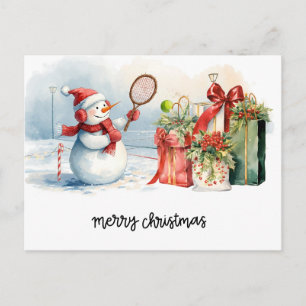 Snowman play tennis Christmas watercolor Holiday Postcard