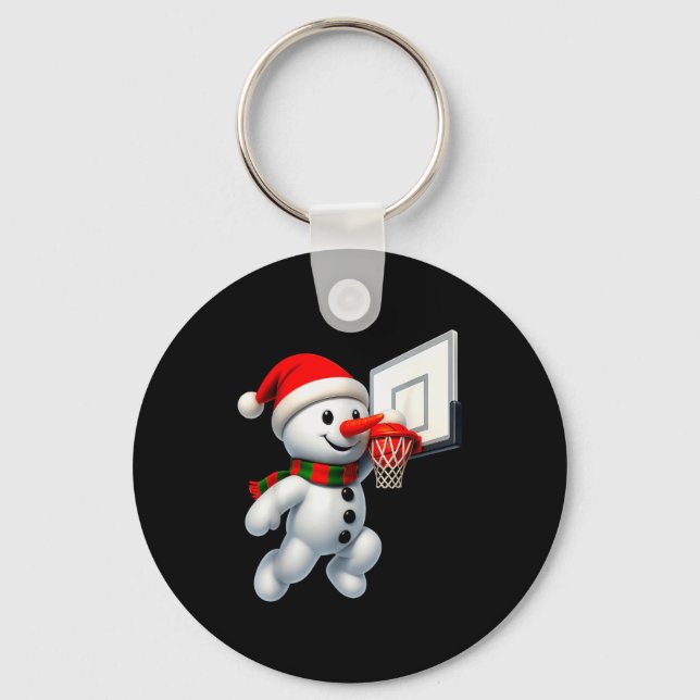 Snowman Playing Basketball Merry Christmas Pajamas Key Ring (Front)