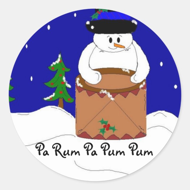 Snowman Playing Drums Classic Round Sticker (Front)