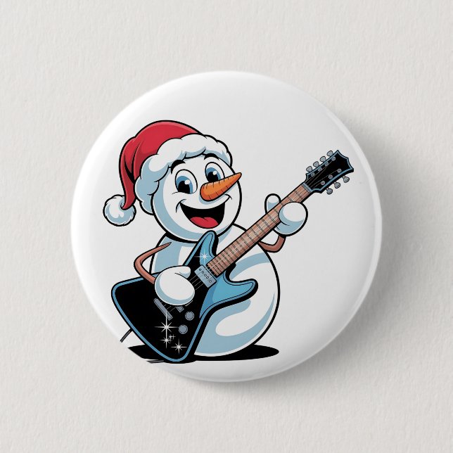 Snowman Playing Electric Guitar Santa Christmas 6 Cm Round Badge (Front)