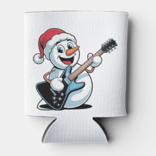 Snowman Playing Electric Guitar Santa Christmas Can Cooler
