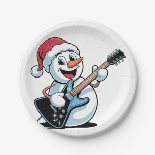Snowman Playing Electric Guitar Santa Christmas Paper Plate