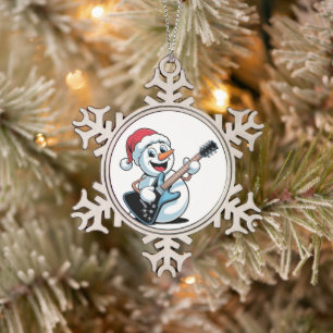 Snowman Playing Electric Guitar Santa Christmas Snowflake Pewter Christmas Ornament