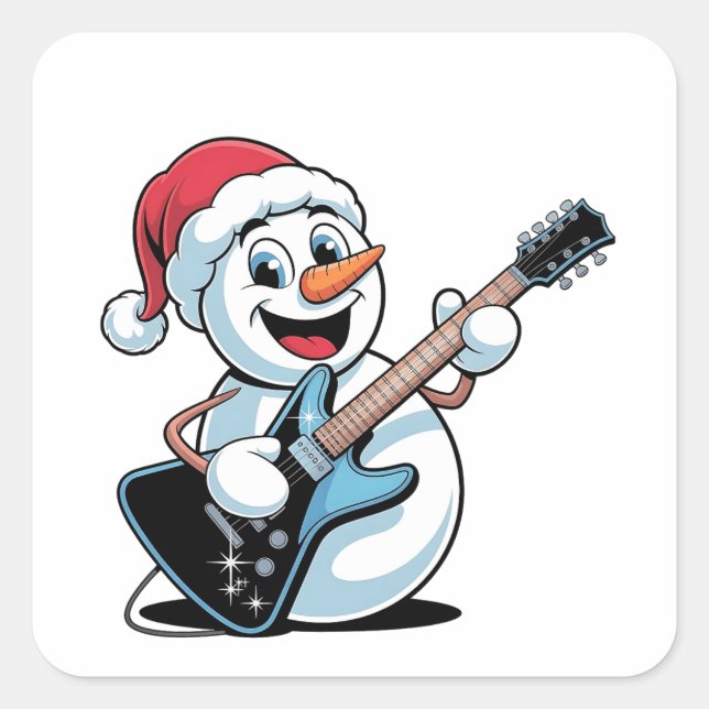 Snowman Playing Electric Guitar Santa Christmas Square Sticker (Front)