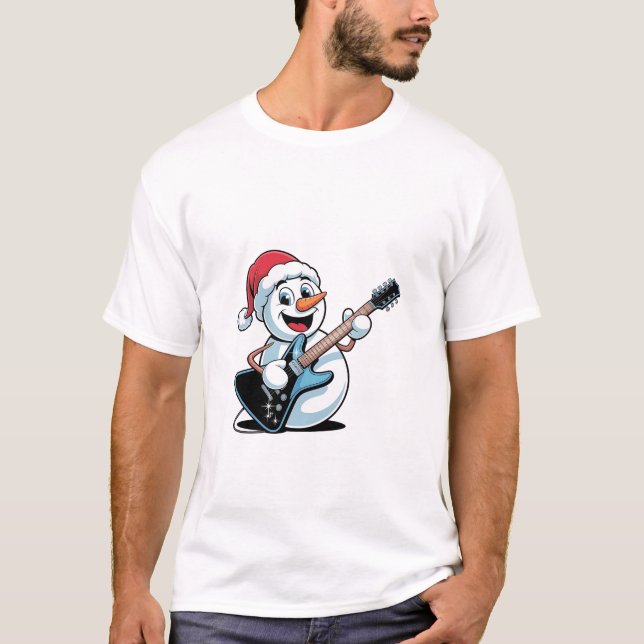 Snowman Playing Electric Guitar Santa Christmas T-Shirt (Front)