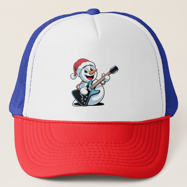 Snowman Playing Electric Guitar Santa Christmas Trucker Hat (Front)