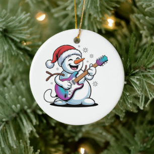 Snowman Playing Guitar Electric Rock Christmas Ceramic Tree Decoration
