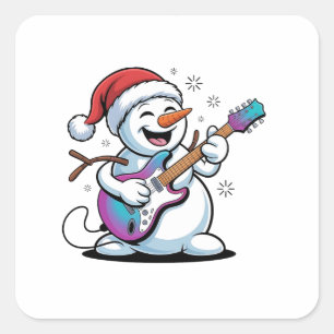 Snowman Playing Guitar Electric Rock Christmas Square Sticker