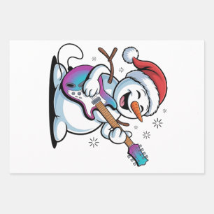 Snowman Playing Guitar Electric Rock Christmas  Wrapping Paper Sheet