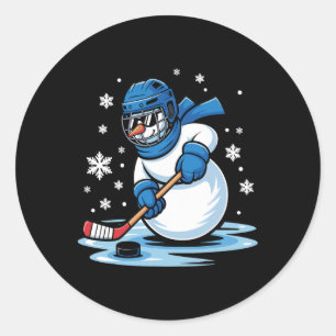 Snowman Playing Ice Hockey Christmas Xmas Kids Boy Classic Round Sticker