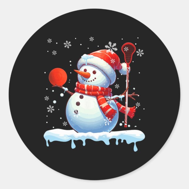 Snowman Playing Lacrosse Christmas Player Fan Love Classic Round Sticker (Front)