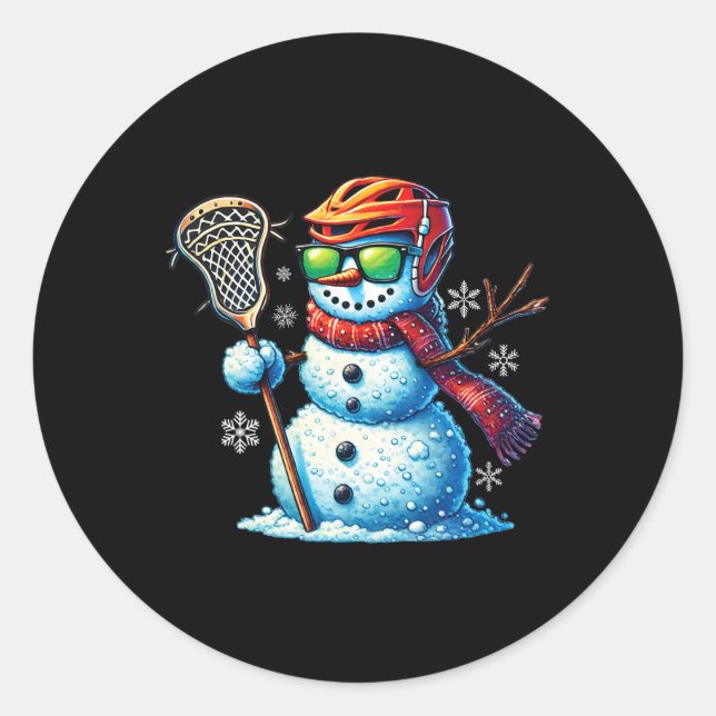 Snowman Playing Lacrosse Funny Lacrosse Player Chr Classic Round Sticker (Front)