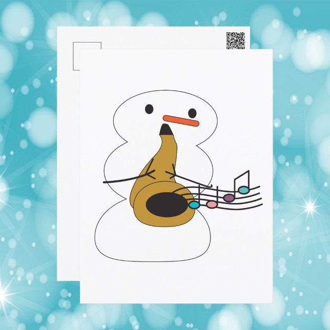 Snowman Playing Saxophone Music Notes Postcard (A postcard with a snowman playing the saxophone)