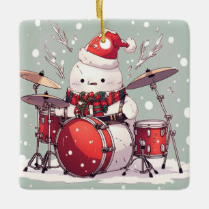 Snowman Playing the Drums Ceramic Ornament