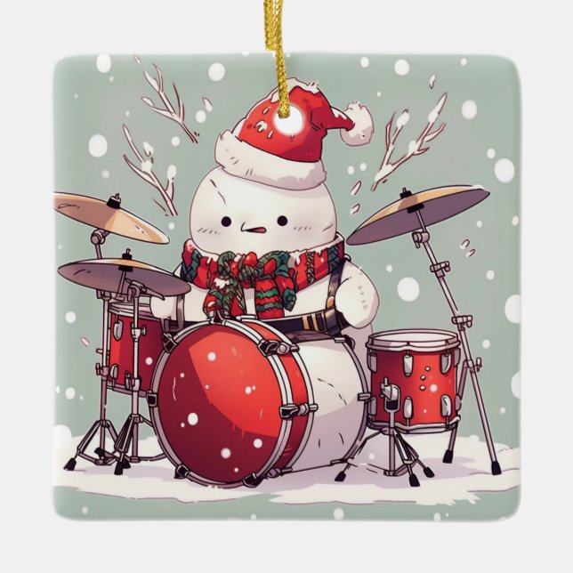 Snowman Playing the Drums Ceramic Ornament (Front)