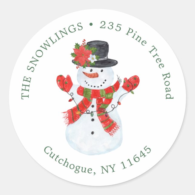 Snowman Poinsettia Christmas return address label (Front)