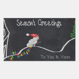 Snowman Pulling Christmas Lights Modern Holiday Rectangular Sticker