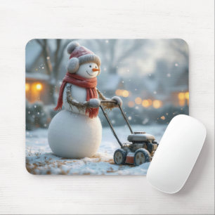 Snowman Pushing a Retro Lawnmower On Snowy Grass Mouse Mat
